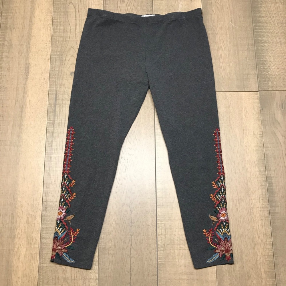 JW Los Angeles Johnny Was Leggings Womens Size XL Gray Embroidered Boho Hippie